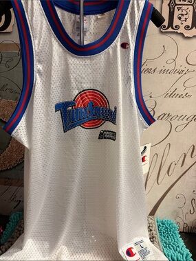 Champion White Tune Squad Mesh Basketball Jersey with Blue & Red Trim